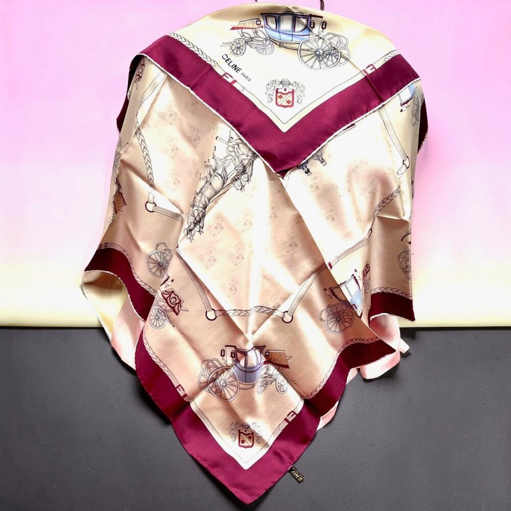 Unused Celine Paris Scarf 100% Silk 34" Gold Tan Brgendy Carriage Horses (39) - Picture 12 of 13